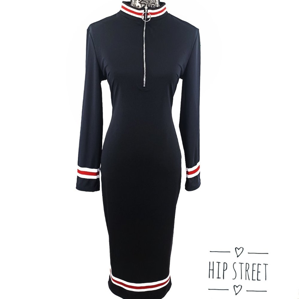 SHEIN Zip Neck LS Stripe Accent Stretch Sheath Midi Dress L